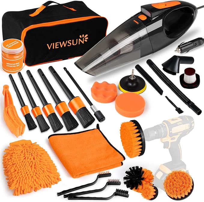 Viewsun 20PCS Car Cleaning Kit, Car Interior Detailing Kit with High Power Handheld Vacuum, Auto Detailing Drill Brush Set, C