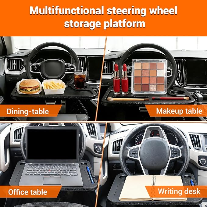 Car Steering Wheel Desk for Laptop and Eating – Multipurpose Rolling Tray Table, Portable Car Accessories for Travel, Work & Food, Universal Steering Wheel Under Table Console (Black)