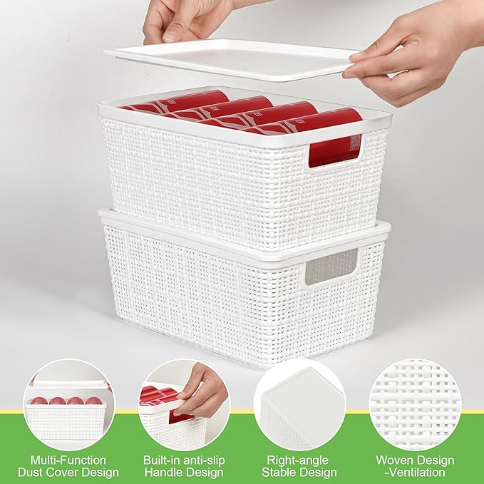 6 Pack Plastic Storage Baskets With Lids,White Breathable Stackable Storage Bins,Small Storage Containers,for Organizing Stor