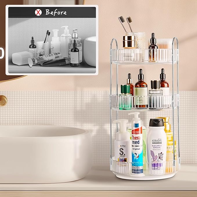 360 Rotating Makeup Organizer, 3 Tier Large Capacity Lazy Susan Bathroom Counter Organizer, Skincare Organizers, Spinning Per