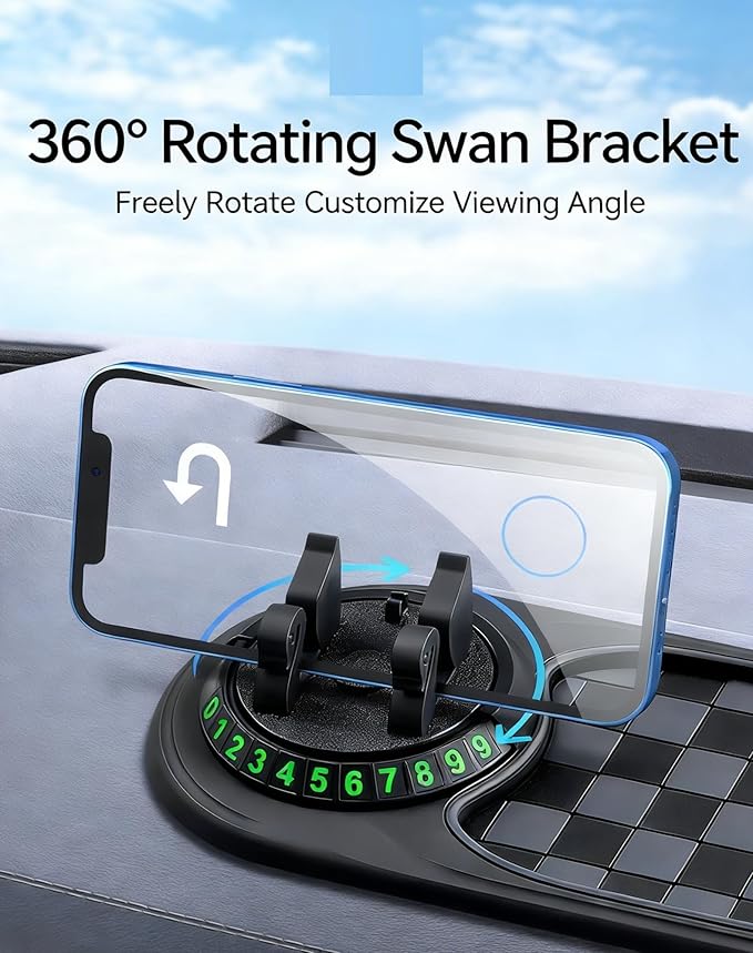 Multi-Functional Support Anti-Slip Pad, 360° Rotatable Car Anti Slip Mat Phone Holder with Temporary Parking Number, Auto Das