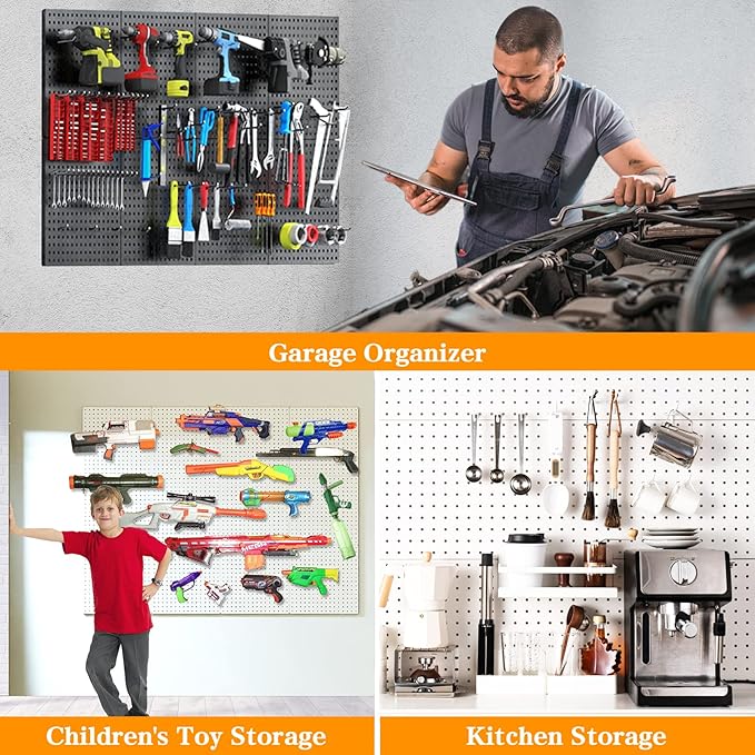 Peg Board, 4PCS Metal Pegboard Wall Organizer. Heavy Duty Pegboard, Peg Boards, Pegboard for Walls, White Pegboard for Garage