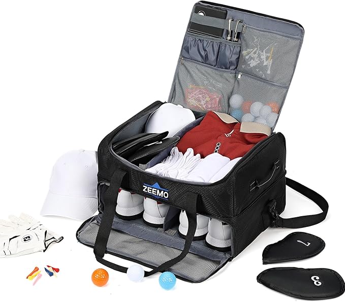 ZEEMO Golf Trunk Organizer, 2 Layer Car Locker with Ventilated Compartment for 2 Pair Shoes, Travel Storage Bag for