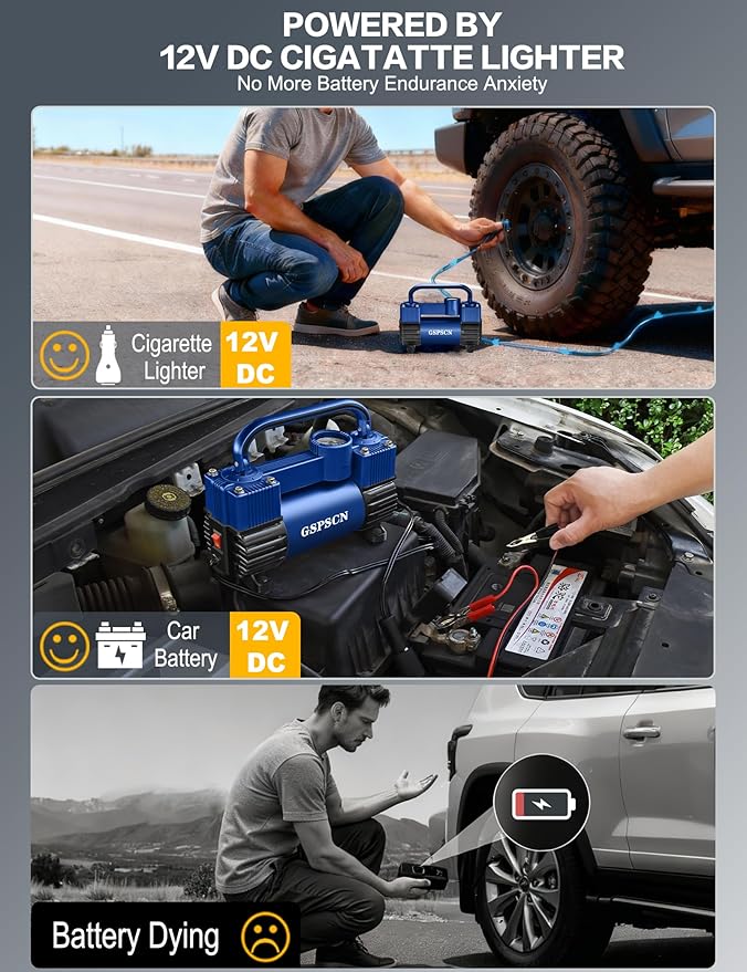 GSPSCN 6X Faster Inflation Tire Inflator Heavy Duty Double Cylinders with Portable Bag- Car Accessories，Metal 12V Air Compressor Pump 150PSI with Adapter for Car, Truck, SUV Tires, Dinghy, Air Bed