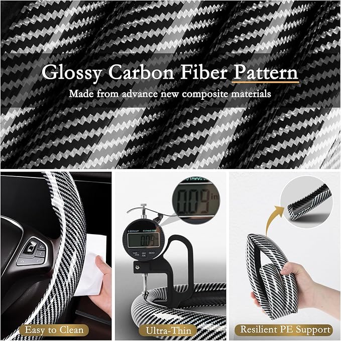 Aimato Car Steering Wheel Cover Carbon Fiber, Ultra-Thin Car Steering Wheel Cover,Comfortable & Breathable Microfiber,Universal Fit for Most Cars, Bright Silver