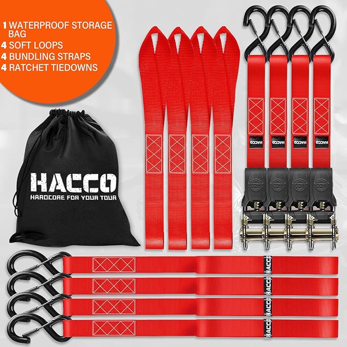 Ratchet Tie Down Straps, 2340lb Break Strength, 4pc 1inch x 16FT Ratchet Strap Set with Padded Handles & Coated S Hook W/Safety Clip, Cargo Strap Tie-Down for Motorcycle, Truck (Red)
