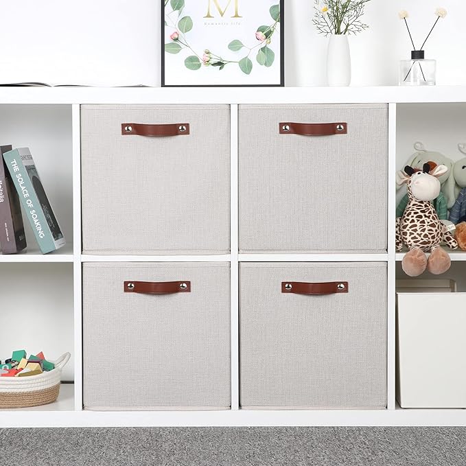 Temary Fabric Storage Cubes Storage Bins with Dual Leather Handles, 4 Pack Cube Baskets 13x13 Foldable Cube Organizers for Sh