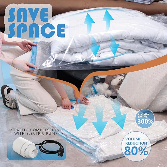6 Pack XXL Jumbo Vacuum Storage Bags with Electric Air Pump, Space Saver Bags,Compression for Comforters and Blankets,Duvets,