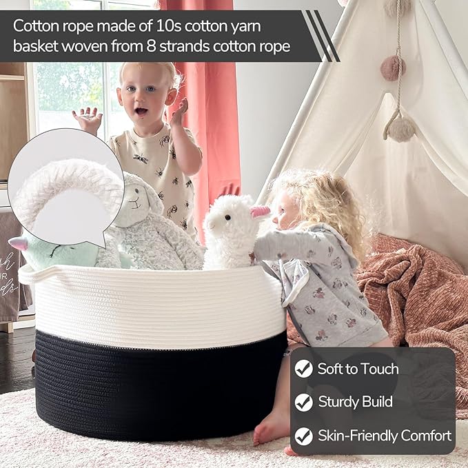 INDRESSME Large Cotton Rope Baskets for Storage, 21.7 x 13.8 Blanket Storage for Living Room Toy Baskets Kids, Baby Laundry B
