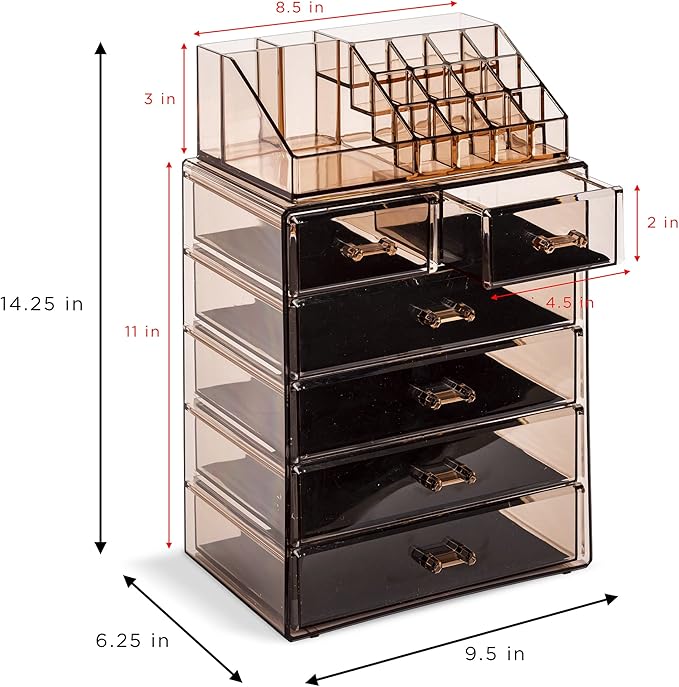 Sorbus Acrylic Makeup Organizer Set, 6-Drawer Vanity & Countertop Cosmetic Storage with Small & Wide Compartments, Bronze Glo