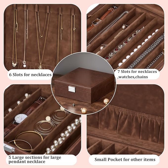 BEWISHOME Jewelry Boxes for Women, 2-Layer Necklace Organizer Box, Modern Style Jewelry Organizers and Storage with Removable