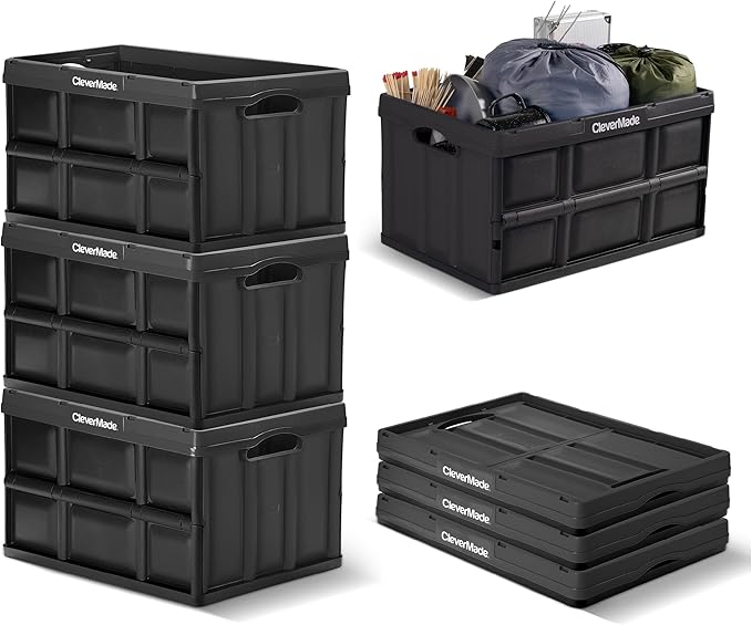 CleverMade Collapsible Storage Bins 62L (3-Pack) – Heavy Duty Collapsible Plastic Storage Bins, Large Stackable Folding Stora