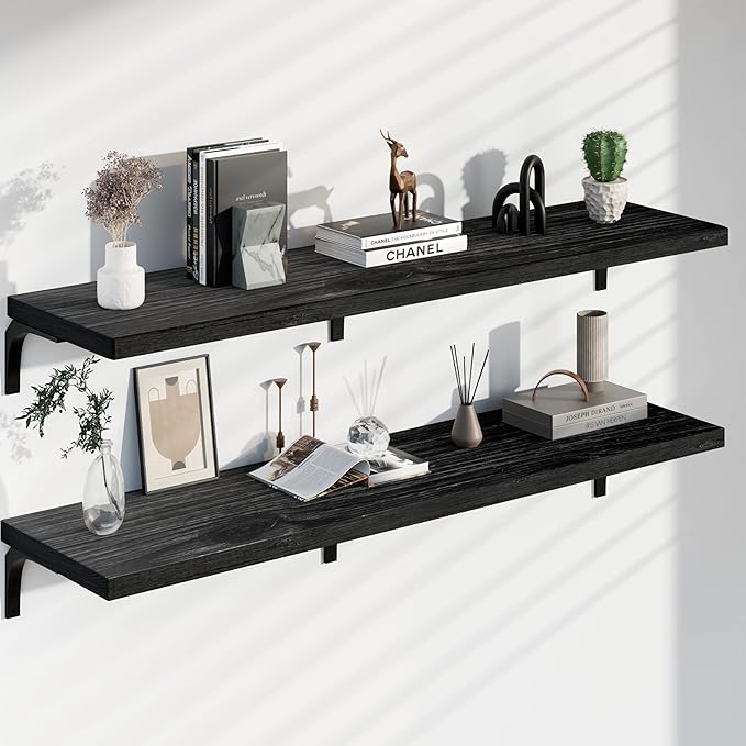 12 Inch Deep Floating Shelves Set of 2, 60 Inch Extra Wide Black Solid Wood Wall Shelves, 5ft Heavy Duty Farmhouse Wall Mount