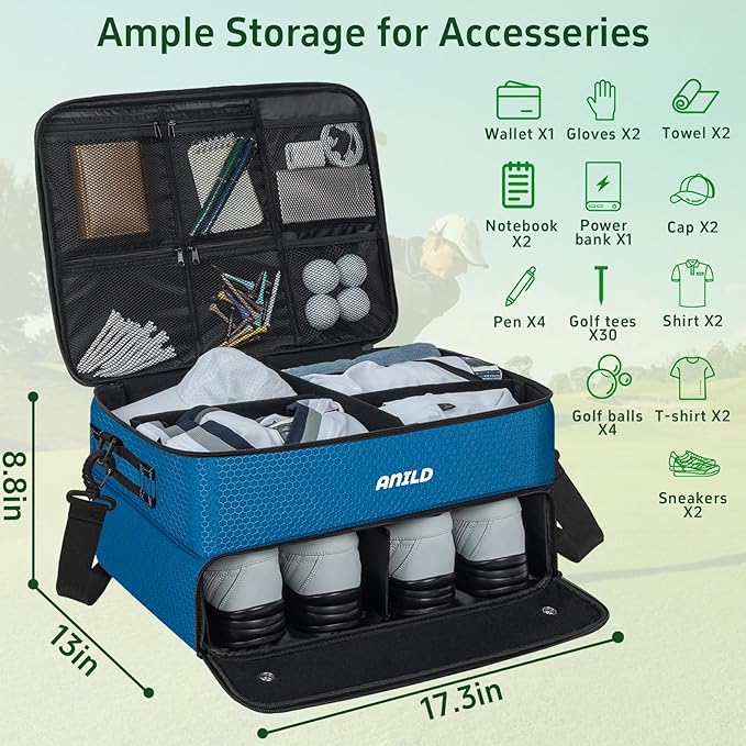 ANILD Golf Trunk Organizer, 2 Layer Golf Storage Case with Separate Ventilated Compartment for 2 Pair Shoes, for Balls, Tees,