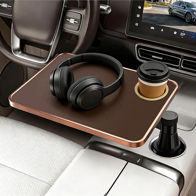Car Tray & Desk for Laptop, Dual 360° Rotating, Anti-Slip Leather Surface, Steering Wheel Tray, Car Accessories- Compatible with Tesla Model Y/3/S, Ford F150/Explorer/Most Vehicles (Brown)