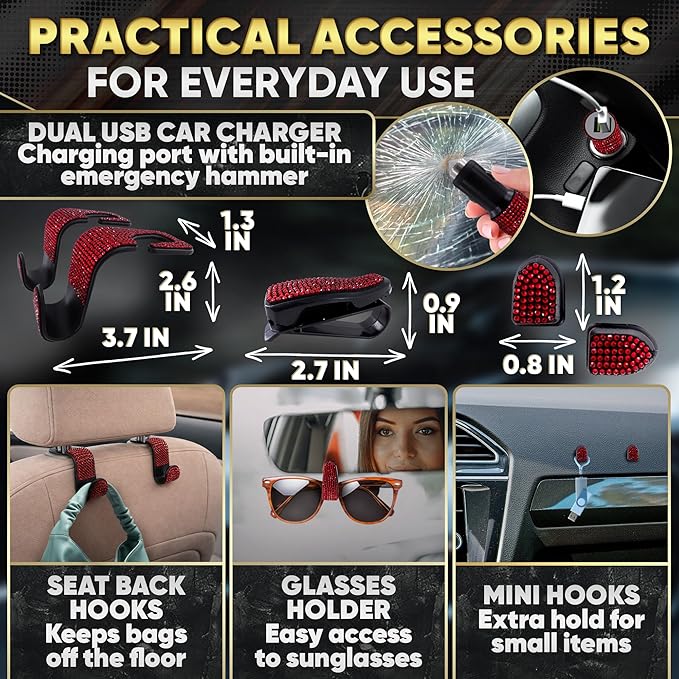 Red Bling Car Accessories Set, 27 Pieces Car Interior Set Including Steering Wheel Cover, Diamond License Plate Frame, Phone Holder, Coasters, Hooks, Great Gift for Women Drivers