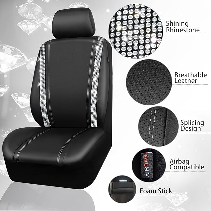 CAR PASS Bling Diamond Car Seat Covers, Shining Rhinestones Waterproof Faux Leather, 8 Seats 3 Rows with Zipper Glitter Crystal Sparkle Strips Universal Fit 95% MPV,SUV,CAR for Women Girl, Silver