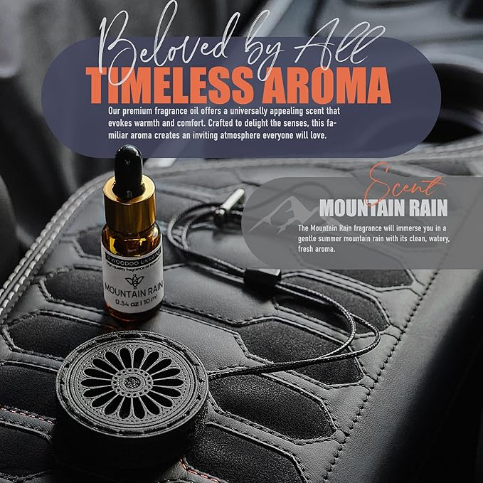 Handmade Wood Car Air Freshener — Best Wheels Designed Refillable Essential Oil Diffuser — Long Lasting Mountain Rain Fragran