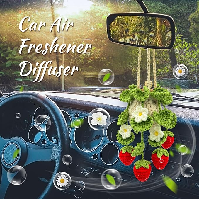Crochet Car Air Freshener, 15ml Empty Refillable Oil Diffuser Bottle with Hanging Crochet Strawberry Plant for Car Rearview M