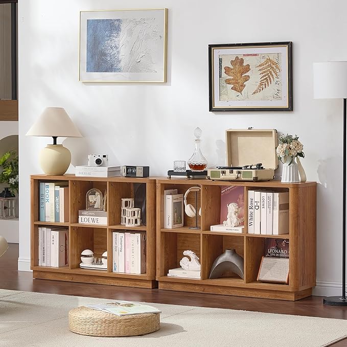 Joaxswe 6 Cube Storage Book Shelf, 40" Wide Low Horizontal Bookcase with Curved Edge, Floor Standing 2-Tier Wooden Bookshelf 