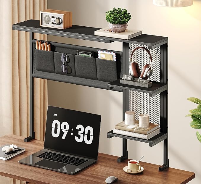 Clamp on Desk Shelf with Pegboard, Above Desk 3-Tier Extender Shelf, Desktop Bookshelf with Hooks, Desktop Organizer for Offi
