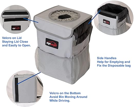 EPAuto Waterproof Car Trash Can with Lid and Storage Pockets, 2.5 Gallon Leakproof, Gray