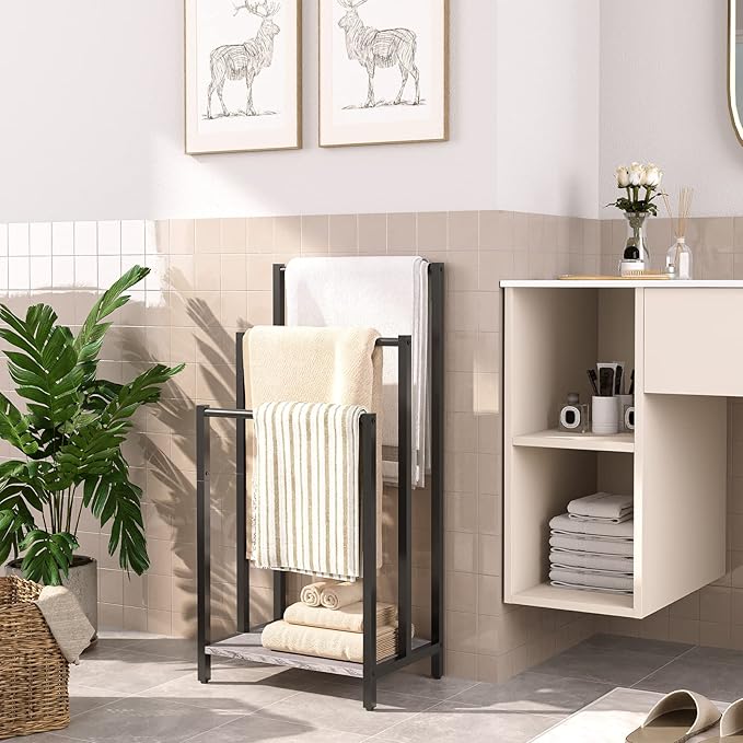 HOOBRO Free Standing Towel Rack, 3 Tier Blanket Rack, Blanket Holder for Bathroom, 16.9" L x 11" W x 31.9" H, Industrial Meta
