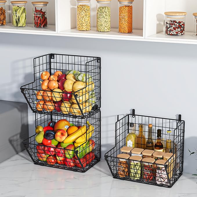 X-cosrack Metal Wire Basket Wall Mount, 3 Tier Wall Storage Organizer with 5 S Hooks, Kitchen Fruits and Vegetables Bin Toys 