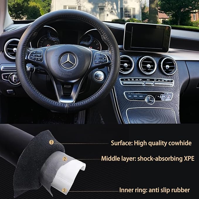 Black Genuine Leather Car Steering Wheel Cover Men Women,Cowhide Wheel Cover,Soft,Breathable,Anti-Slip,Luxury Steering Wheel 