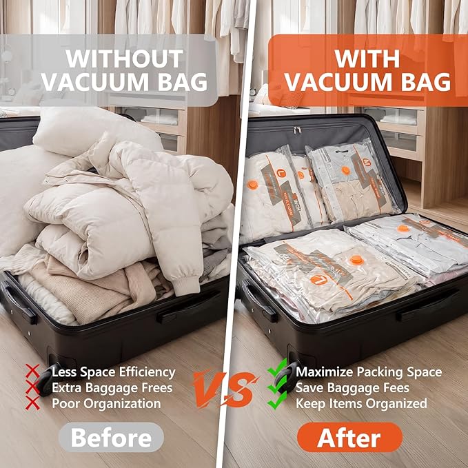 NESCCI Vacuum Bags for Travel with Rechargeable Air Pump,Carry-on Size Compression Packing Bags for Luggage and Suitcase,Spac