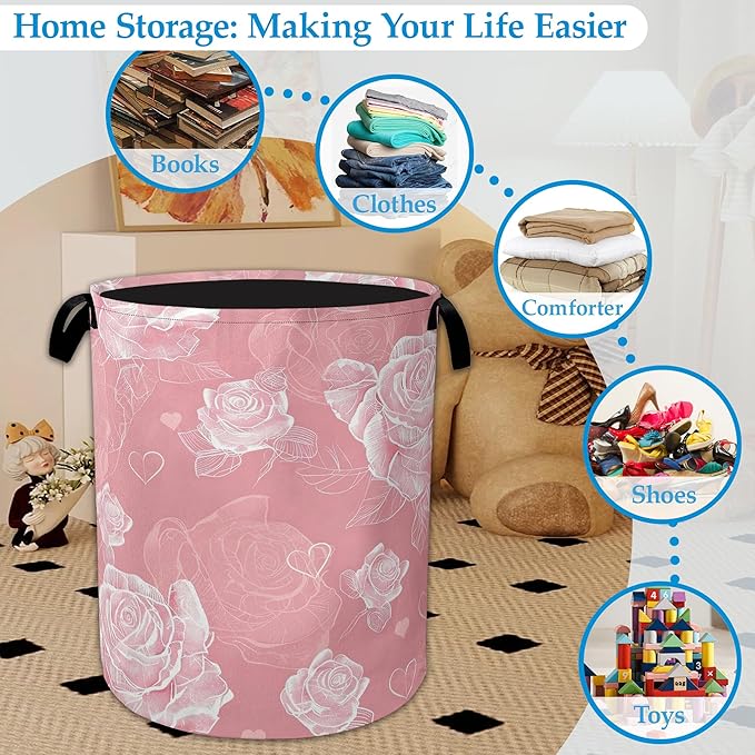 Pink Roses Large Storage Basket Collapsible Laundry Basket Oxford Storage Bin for Toy Bins Gift Baskets Bedroom Clothes Child