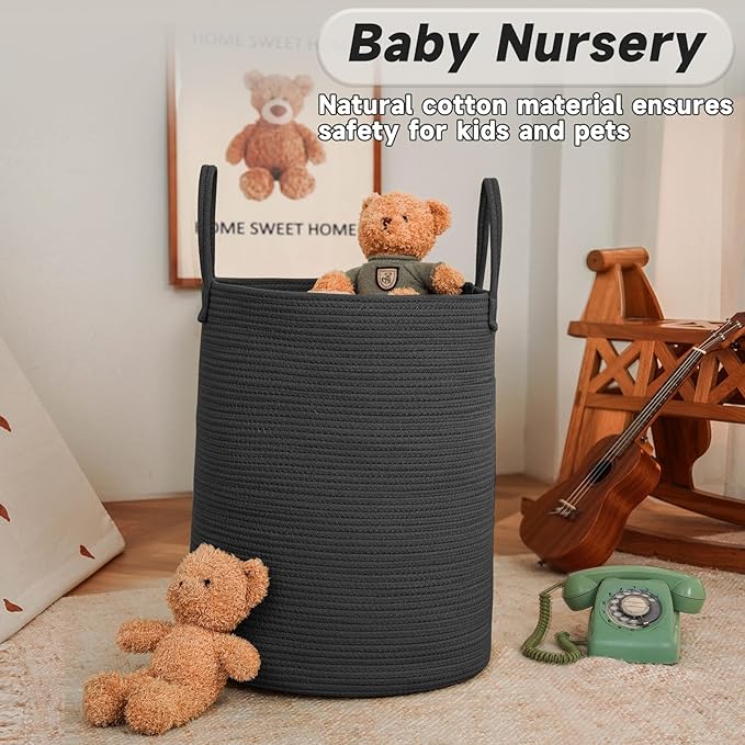 JMvicyroam Large Woven Laundry Basket Hamper,60L Cotton Rope Storage Bin for Blankets,Toys and Clothes,Decorative Tall Nurser