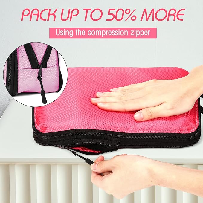 5 Pack Compression Packing Cubes for Travel Space Saving Cubes Luggage Organizer for Suitcase(Pink,S)