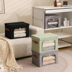 Large Storage Bins Boxes with Lids Clear Window Zipper Closure Decorative Cotton Linen Fabric Baskets with PU Leather Handles