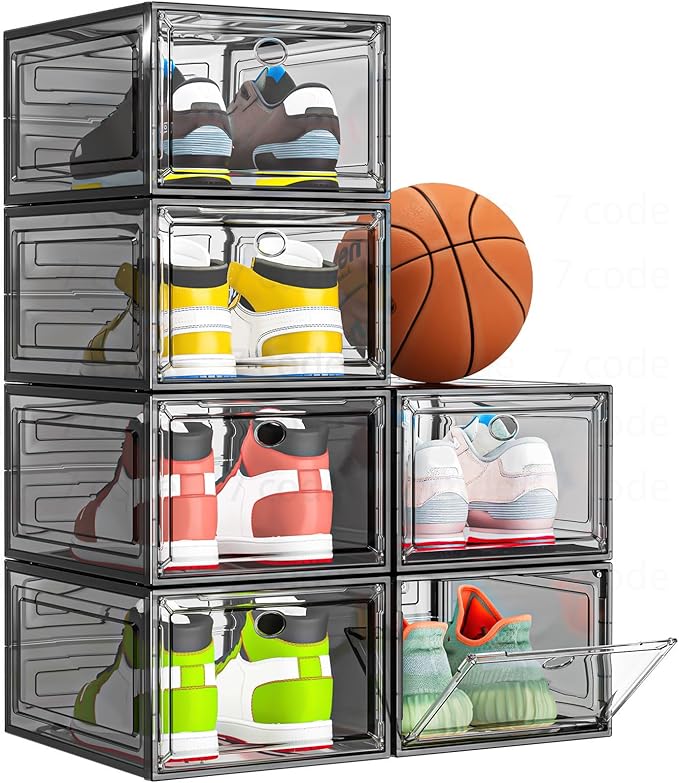 7 code Thicken & Sturdy Clear Shoe Storage Organizer with Magnetic Door, Stackable Boxes for Closet, Foldable Shoe Rack for S