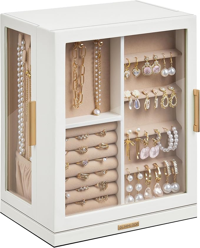 Glimmloop 360° Rotating Jewelry Box with 5 Drawers, Spacious Vertical Jewelry Organizer with Glass Window, Jewelry Storage Ca