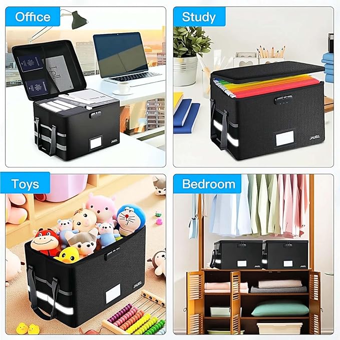 File Box with Lock, Fireproof Document File Organizer Box with Zipper & Adjustable Handle, Collapsible File Storage Box Home 