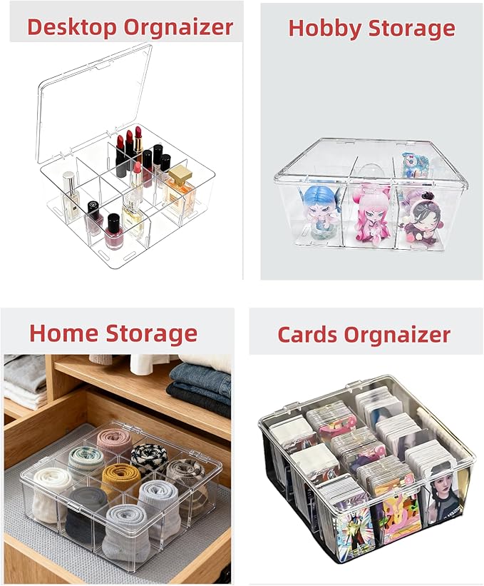 Acrylic Tea Bag Organizer with Lid, 9-Grid Clear Storage Box with Removable Dividers, Plastic Drawer Organizer for Tea Bags, 
