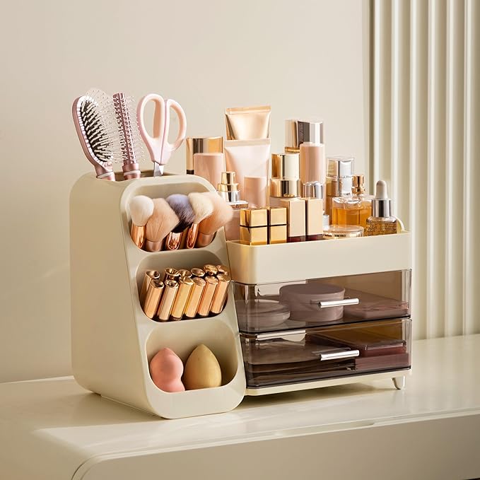 HBlife Makeup Organizer with Brush Holder for Vanity, Large Plastic Bathroom Countertop Organizer Skin Care Storage, Easy to 