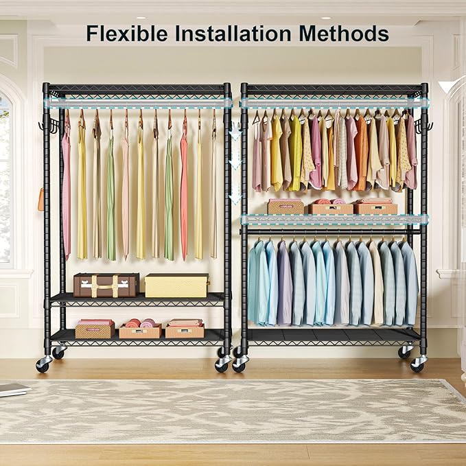 FUTASSI P1 Plus Rolling Clothes Rack, 22mm Diameter Heavy Duty Garment Rack with Wheels, Portable Closet Wardrobe with Double