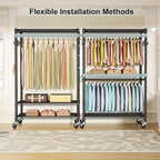 FUTASSI P1 Plus Rolling Clothes Rack, 22mm Diameter Heavy Duty Garment Rack with Wheels, Portable Closet Wardrobe with Double