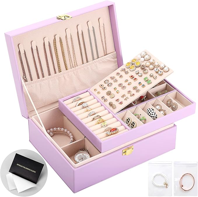 Jewelry Box for Girls Women Leather Jewelry Organizer with Lock Double Layers Jewelry Storage Case Removable Tray for Necklac
