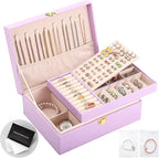 Jewelry Box for Girls Women Leather Jewelry Organizer with Lock Double Layers Jewelry Storage Case Removable Tray for Necklac