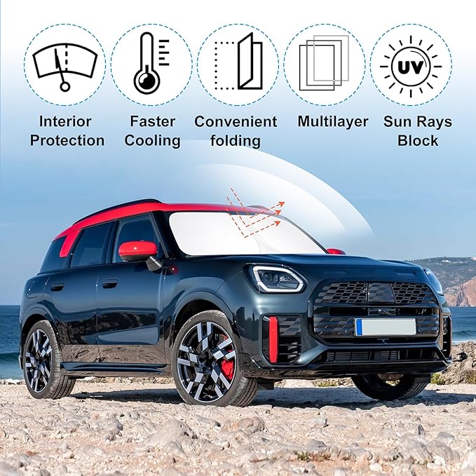 Front Windshield Sun Shade Foldable Front Window Visor Custom Fit for Mini Countryman Cooper F60 SUV 2017-2024 Block UV Rays Car Accessories Heat Sun Shield Keep Car Cooler