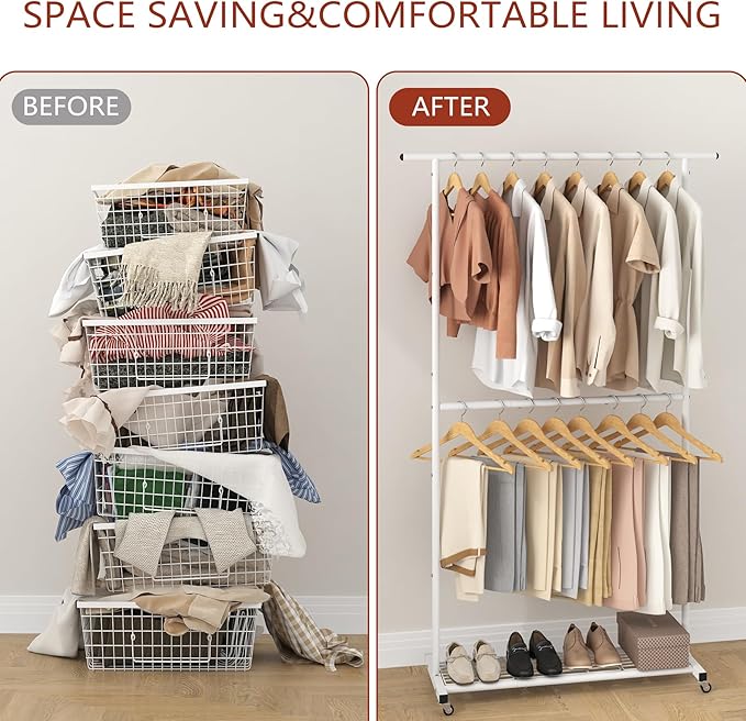 Sywhitta Double Rod Clothing Garment Rack, Rolling Coat Hanger with Bottom Mesh, Clothing Rack for Hanging Clothes, Coats, Sk