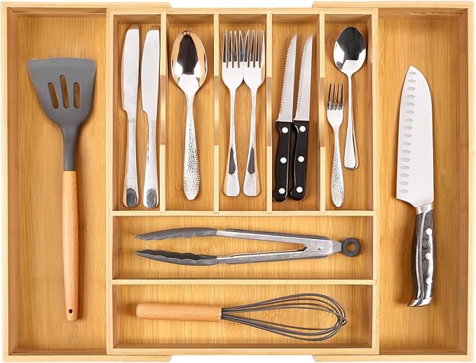 Bellsal Large Premium Bamboo Silverware Organizer - Expandable Utensil Drawer Organizer - 17"x19.6" Utensil Holder and Cutler