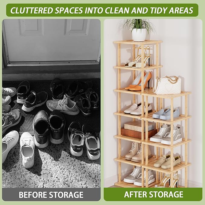 Vertical Tall Shoe Rack Organizer for Entryway -12 Tier Free Standing Slim Narrow Bamboo Wood Corner Stackable Shoe Boots Sto