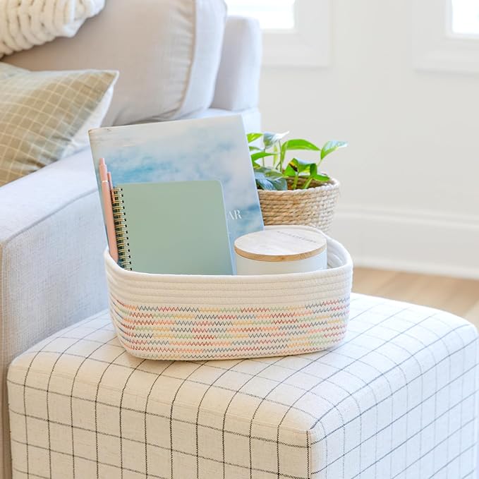 NaturalCozy 11.8"x8"x4.5” Rectangle Storage Baskets for Shelves 3 Pack | Cotton Rope Woven Small Baskets for Organizing | Sma