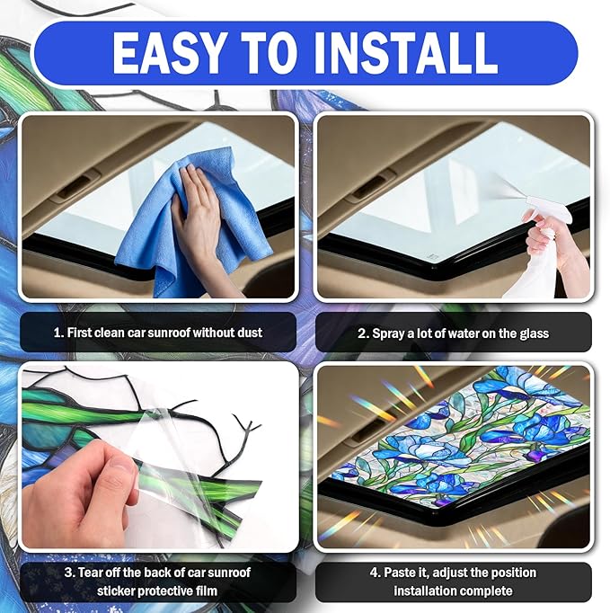 39.37×16.92 Inch Car Sunroof Stained Glass Window Film,Stylish Sunroof Sticker Static Cling Privacy Film Sun Protection,Stained Glass Sunroofs Films Car Interior Accessories
