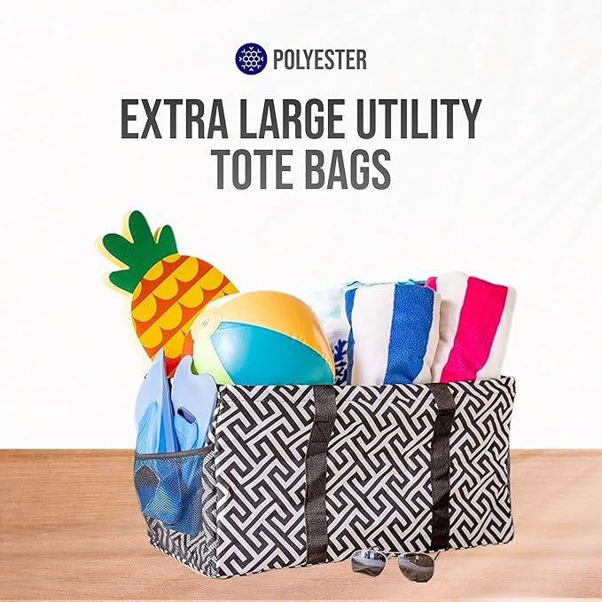 Extra Large Utility Tote Bag - Oversized Collapsible Reusable Wire Frame Rectangular Canvas Basket With Two Exterior Pockets For Beach, Pool, Laundry, Car Trunk, Storage - Geometrc Black